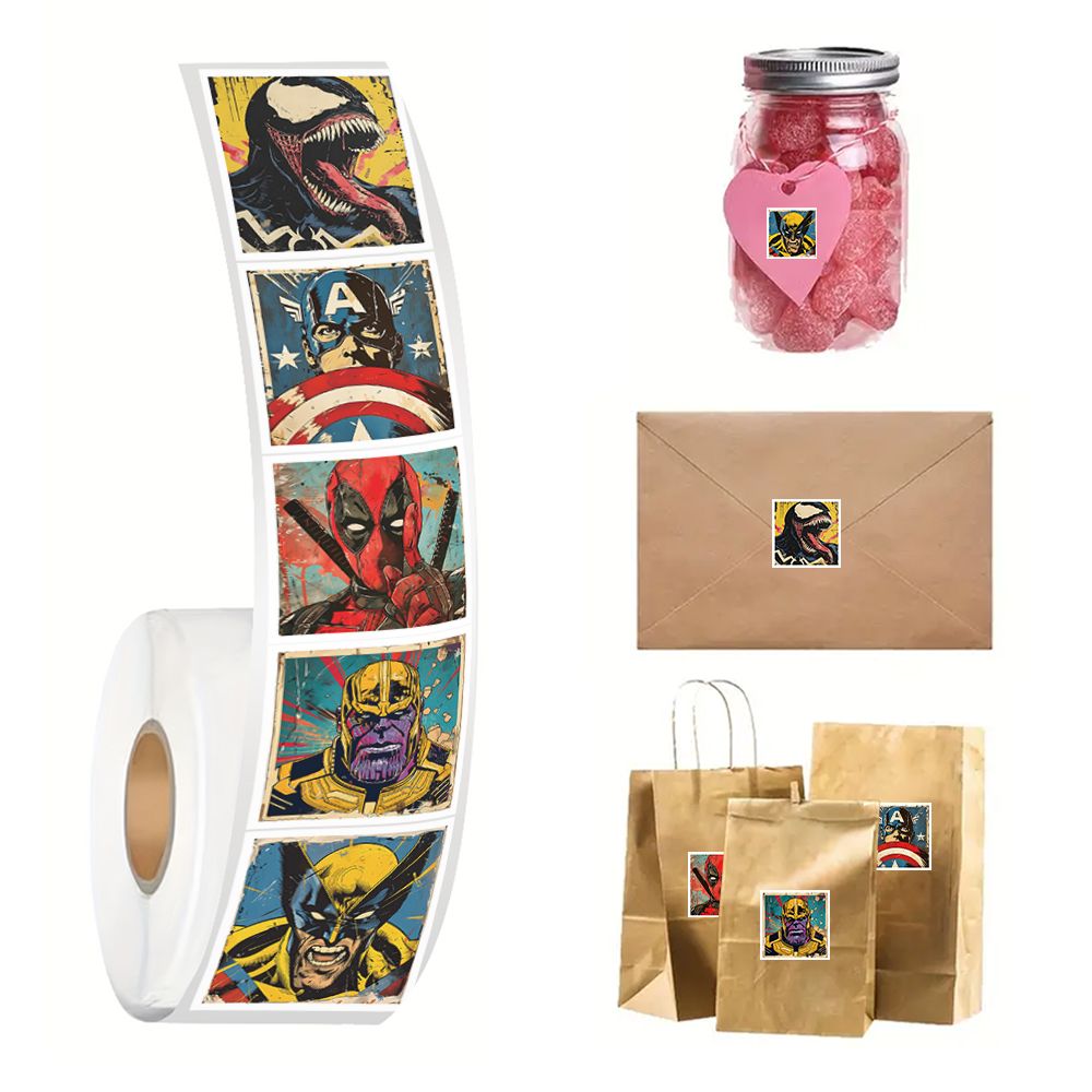 Super Heroes Adhesive Roll (1000 Stickers) - Spider-M, Iron M, Design for Sealing & Decor